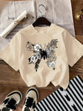 Women'WB shield Floral & Butterfly Print Drop Shoulder Tee, Trendy Casual Short Sleeve Round Neck T-Shirt for Summer,...