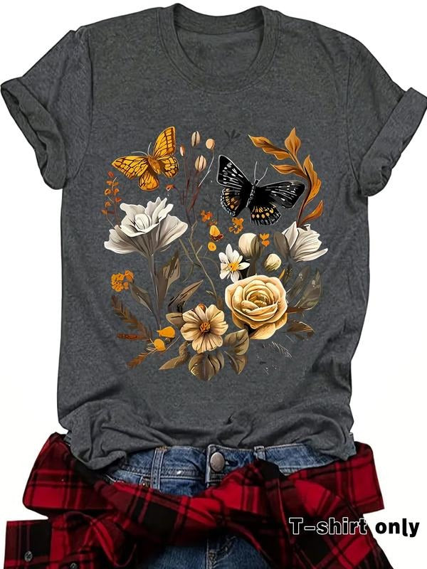 Women'WB shield Floral & Butterfly Print Round Neck Tee, Casual Short Sleeve Crew Neck T-Shirt for Summer, Fashion...