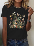 Women'WB shield Floral & Butterfly Print Round Neck Tee, Fashion Casual Short Sleeve T-shirt, Ladies Summer TNF for Daily...