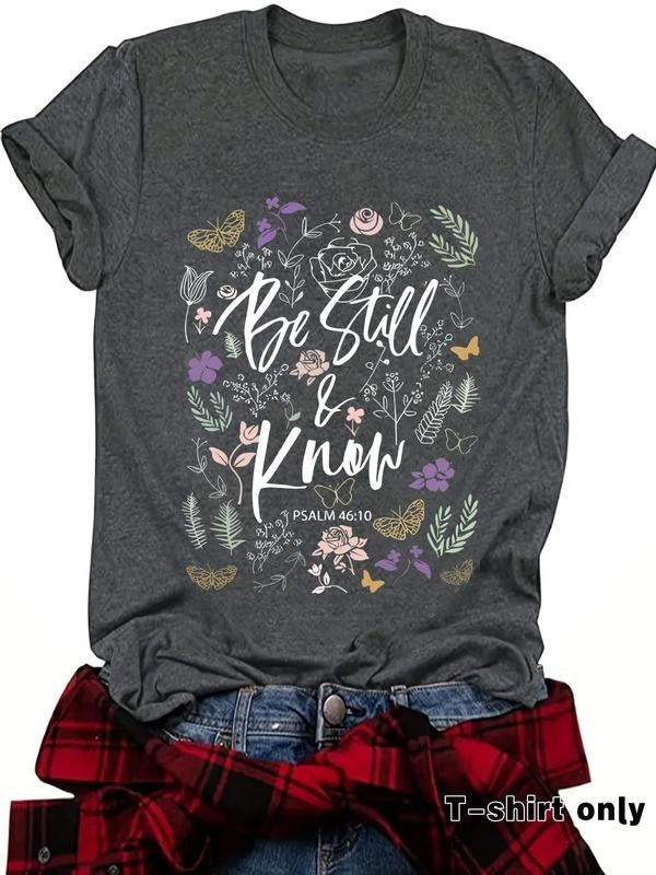Women'WB shield Floral & Butterfly Print Round Neck Tee, Trendy Casual Crew Neck Short Sleeve T-shirt for Daily Wear,...