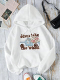 Women'WB shield Floral & Car & Letter Print Drop Shoulder Hoodie, Fashion Casual Drawstring Pocket Hooded Sweatshirt for...