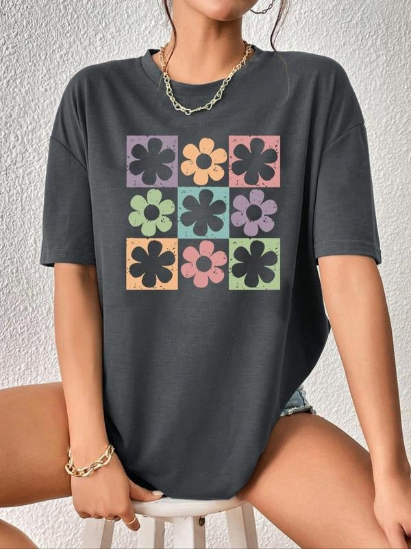 Women'WB shield Floral & Checker Print Drop Shoulder Tee, Casual Short Sleeve Round Neck T-shirt for Fall & Winter,...
