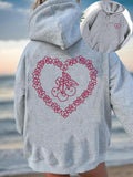 Women'WB shield Floral & Cherry & Heart Print Drop Shoulder Hoodie, Fashion Drawstring Kangaroo Pocket Hooded Sweatshirt...