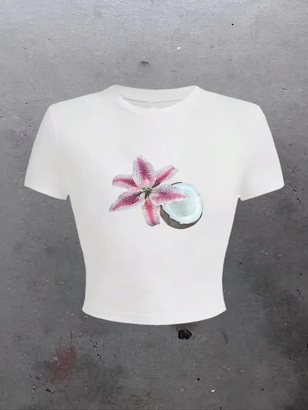 Women'WB shield Floral & Coconut Tree Print Round Neck Tee, Casual Short Sleeve Crew Neck T-Shirt for Summer, Fashion...