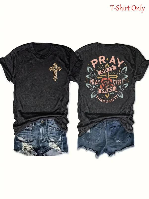 Women'WB shield Floral & Cross Print Round Neck Tee, Fashion Casual Short Sleeve T-shirt, Ladies Summer TNF for Daily...
