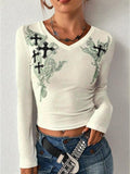 Women'WB shield Floral & Cross Print Superhero team Neck Long Sleeve Crop Tee, Fashion Casual Skinny T-Shirt for Spring &...