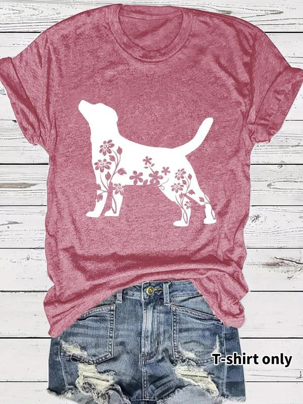 Women'WB shield Floral & Dog Print Round Neck Tee, Fashion Casual Crew Neck T-Shirt for Daily Holiday Vacation Outdoor...