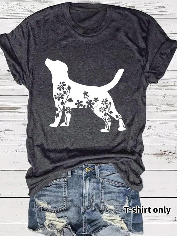 Women'WB shield Floral & Dog Print Round Neck Tee, Fashion Casual Crew Neck T-Shirt for Daily Holiday Vacation Outdoor...