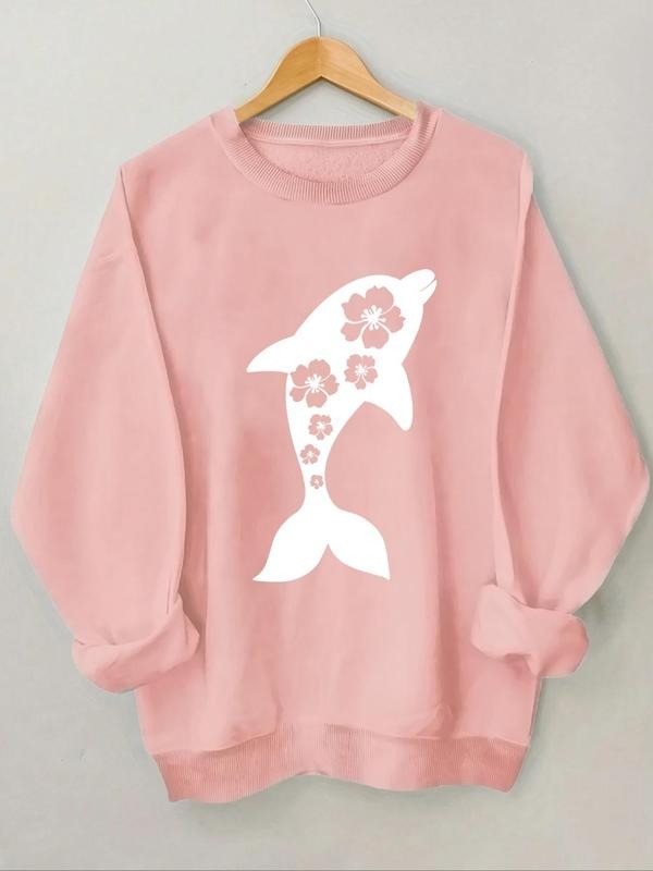 Women'WB shield Floral & Dolphin Print Round Neck Sweatshirt, Casual Long Sleeve Crew Neck Pullover for Fall & Winter,...