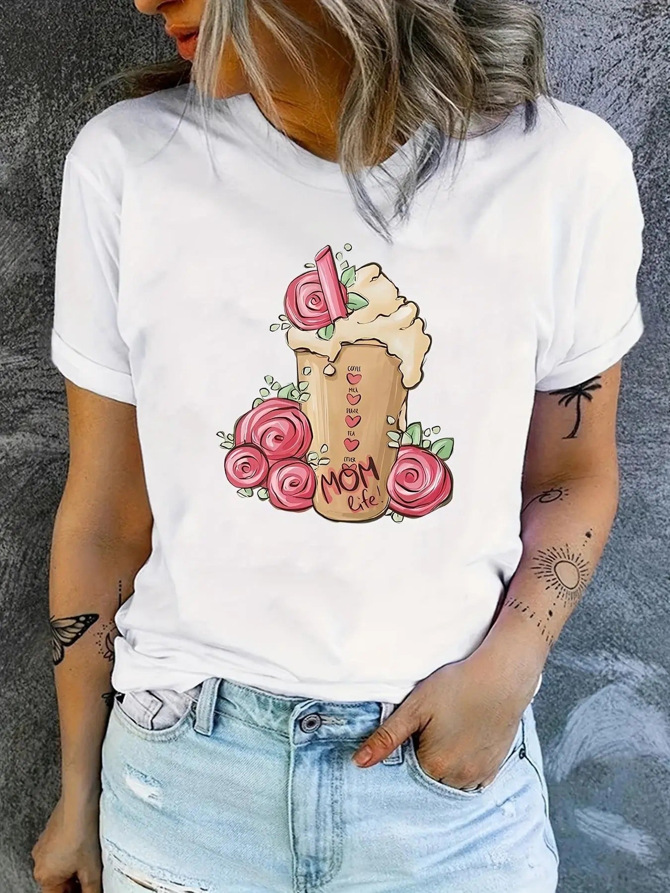 Women'WB shield Floral & Drink Print Round Neck Tee, Casual Short Sleeve T-shirt for Daily Wear, Ladies TNF for Spiky...