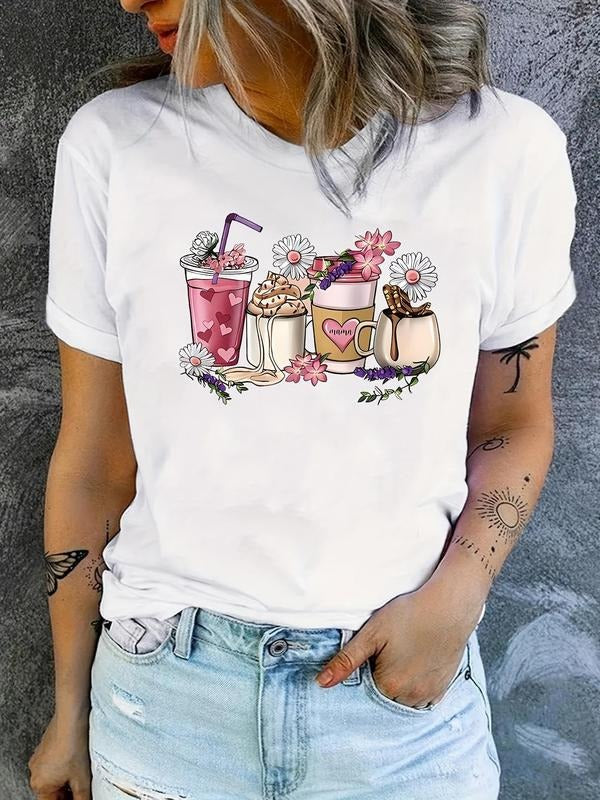 Women'WB shield Floral & Drinking Print Round Neck Tee, Casual Short Sleeve T-shirt for Daily Wear, Ladies TNF for Spiky...
