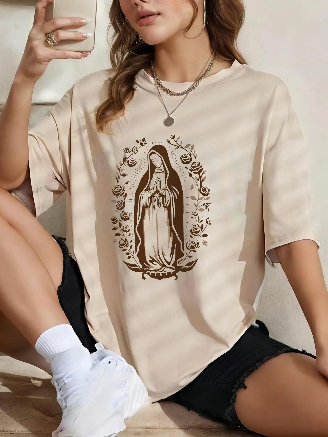 Women'WB shield Floral & Ethnic Pattern Round Neck Tee, Vintage Trendy Casual Short Sleeve T-shirt for Daily Wear, Ladies...