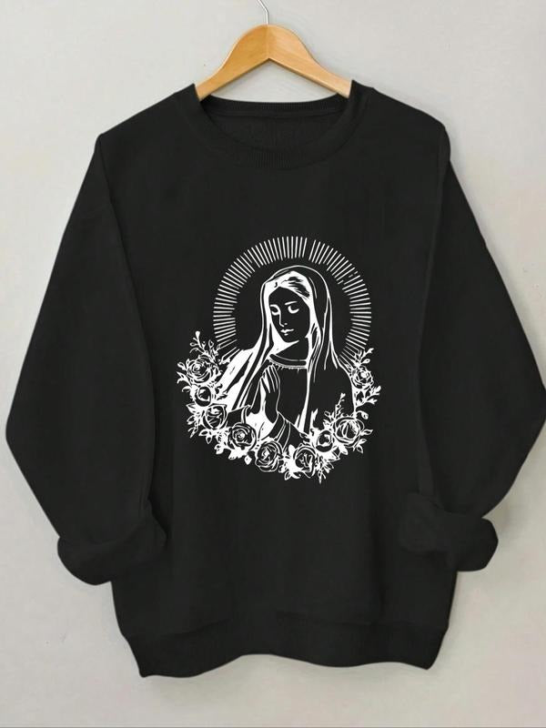 Women'WB shield Floral & Figure Print Round Neck Sweatshirt, Casual Long Sleeve Crew Neck Pullover for Daily Wear, Ladies...