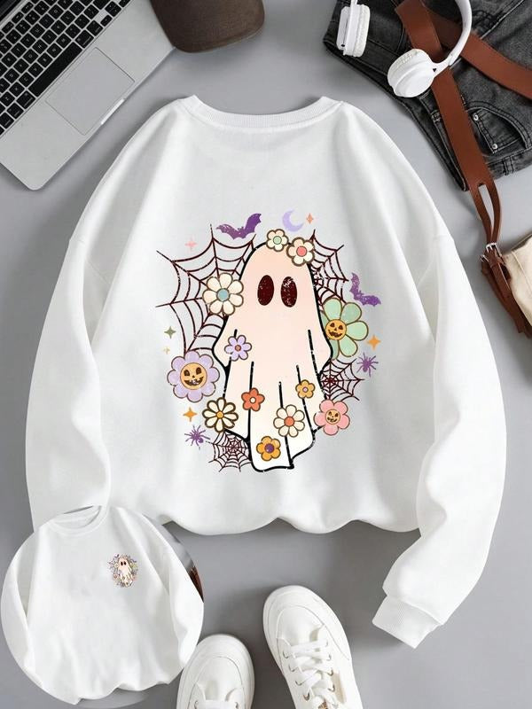 Women'WB shield Floral & Ghost Print Drop Shoulder Sweatshirt, Casual Halloween TNF Long Sleeve Round Neck Pullover for...