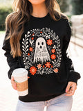 Women'WB shield Floral & Ghost Print Drop Shoulder Sweatshirt, Fashion Casual Long Sleeve Round Neck Pullover for Daily...