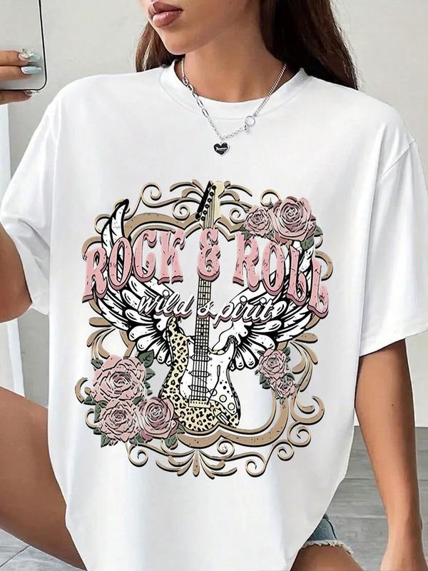 Women'WB shield Floral & Guitar & Letter Print Round Neck Tee, Vintage Tattoo Graphic T-shirt for Daily Wear, Ladies...