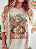 Women'WB shield Floral & Guitar Print Round Neck Graphic Tee, Vintage Trendy Casual Drop Shoulder Half Sleeve T-shirt for...