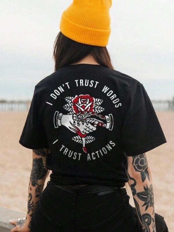 Women'WB shield Floral & Hand Print Round Neck Tee, Street Letter Graphic Short Sleeve T-shirt, Ladies Summer TNF for...