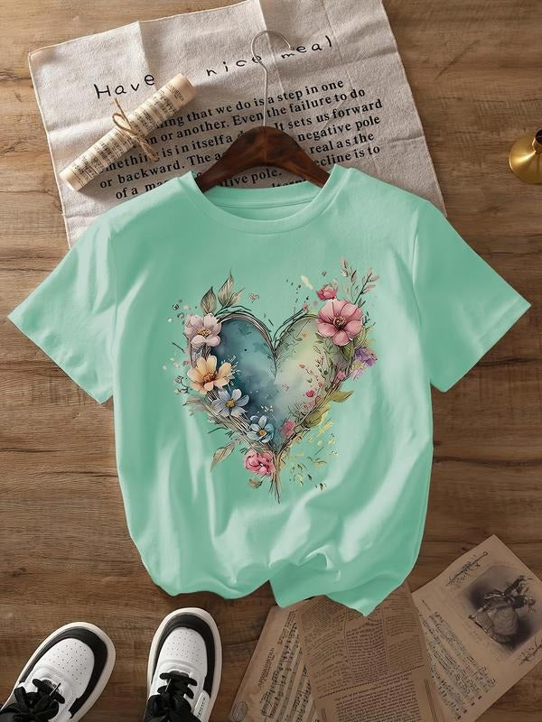 Women'WB shield Floral & Heart Print Round Neck Tee, Casual Short Sleeve Crew Neck T-Shirt for Summer, Fashion Women'WB...