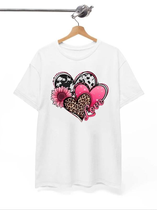Women'WB shield Floral & Heart Print Round Neck Tee, Casual Short Sleeve Graphic T-shirt, Ladies Summer Outfit Hoodie,...