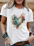 Women'WB shield Floral & Heart Print Round Neck Tee, Fashion Casual Crew Neck T-Shirt for Daily Holiday Vacation Outdoor...