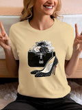 Women'WB shield Floral & High Heel Print Round Neck Tee, Fashion Casual Crew Neck T-shirt for Daily Holiday Vacation...