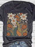 Women'WB shield Floral & Leaf Print Round Neck Tee, Trendy Casual Short Sleeve T-Shirt for Daily Wear, Ladies Summer...