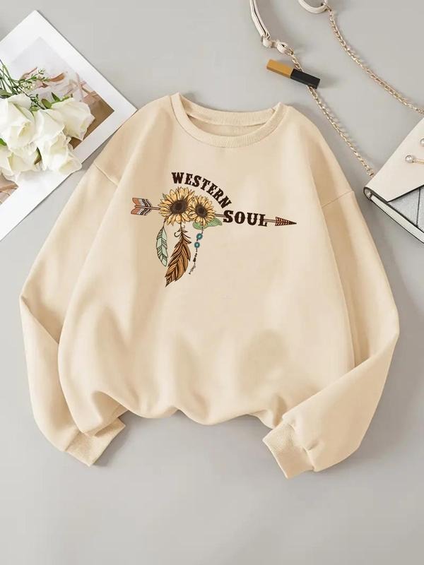 Women'WB shield Floral & Letter & Arrow Print Drop Shoulder Sweatshirt, Casual Long Sleeve Round Neck Pullover for Daily...