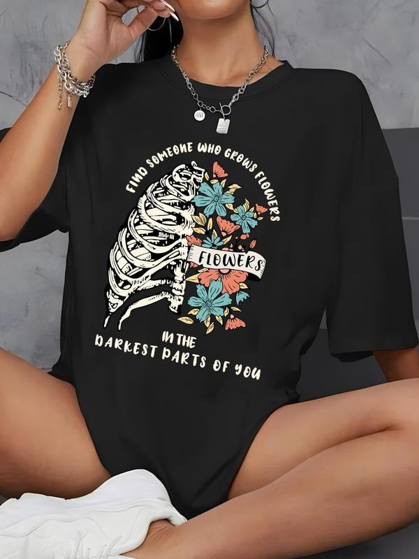 Women'WB shield Floral & Letter & Skeleton Print Drop Shoulder Tee, Casual Streetwear Half Sleeve Round Neck T-shirt for...