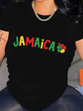 Women'WB shield Floral & Letter "JAMAICA" Print Round Neck Tee, Casual Short Sleeve Crew Neck T-Shirt for Summer, Fashion...