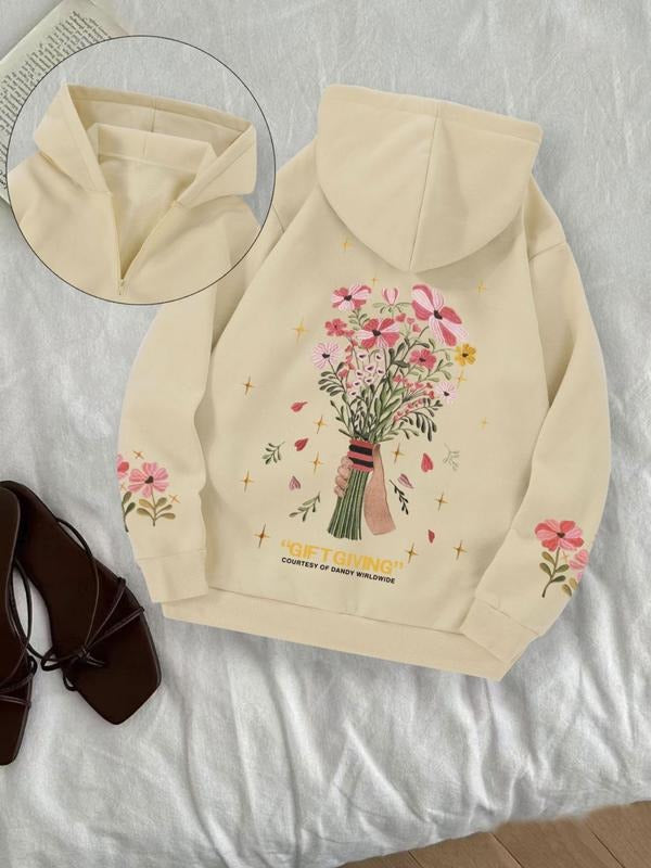 Women'WB shield Floral & Letter Pattern Drop Shoulder Half Zip Hoodie, Fashion Casual Long Sleeve Hooded Sweatshirt for...
