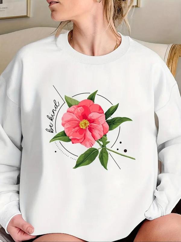 Women'WB shield Floral & Letter Print Crew Neck Sweatshirt, Casual Long Sleeve Pullover for Spring & Fall, Women'WB...