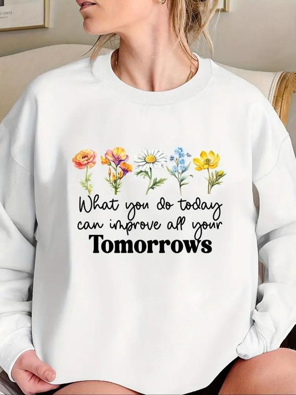 Women'WB shield Floral & Letter Print Crew Neck Sweatshirt, Casual Long Sleeve Pullover for Spring & Fall, Women'WB...