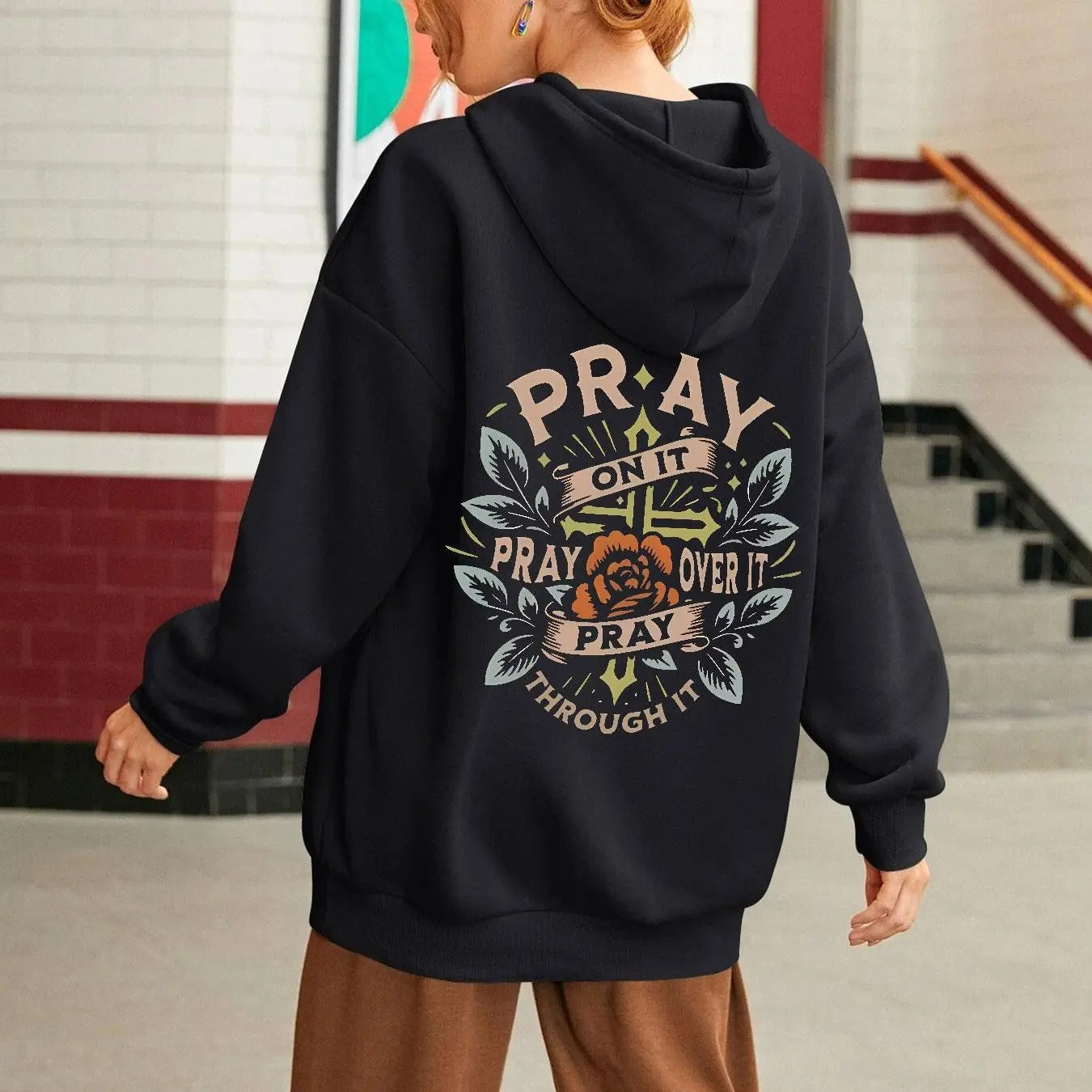 Women'WB shield Floral & Letter Print Drawstring Hoodie, Fashion Casual Hooded Sweatshirt for Daily Wear, Women Clothing...