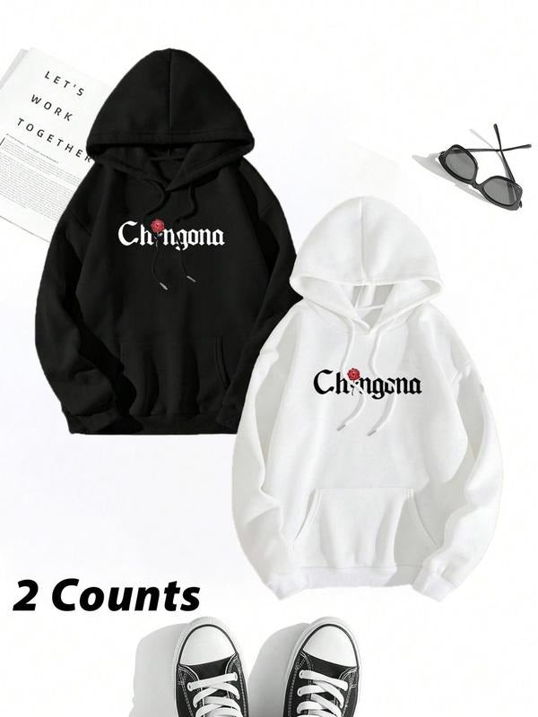 Women'WB shield Floral & Letter Print Drawstring Pocket Hoodie, Fashion Casual Long Sleeve Hooded Sweatshirt for Daily...