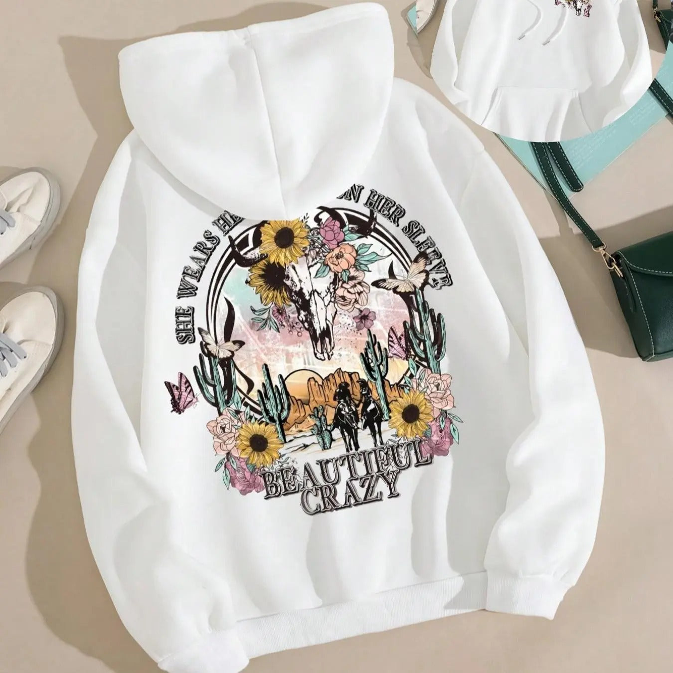 Women'WB shield Floral & Letter Print Drop Shoulder Hoodie, Fashion Casual Drawstring Pocket Hooded Sweatshirt for Daily...