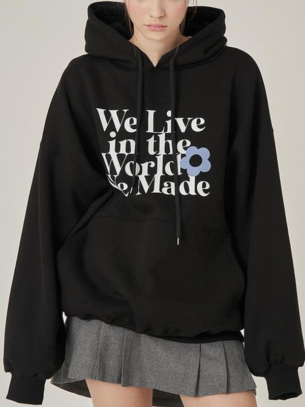 Women'WB shield Floral & Letter Print Drop Shoulder Hoodie, Fashion Casual Drawstring Pocket Hooded Sweatshirt for Daily...