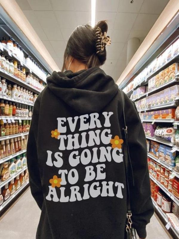 Women'WB shield Floral & Letter Print Drop Shoulder Hoodie, Fashion Casual Drawstring Pocket Hooded Sweatshirt for Daily...