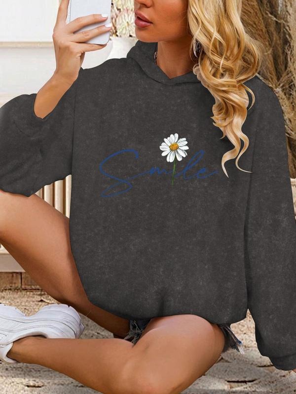 Women'WB shield Floral & Letter Print Drop Shoulder Hoodie, Fashion Casual Long Sleeve Hooded Sweatshirt for Daily...