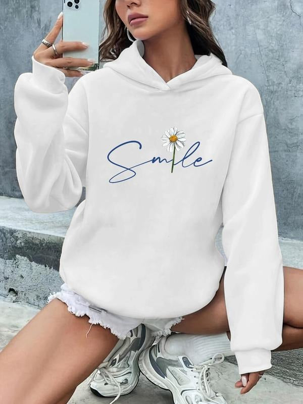 Women'WB shield Floral & Letter Print Drop Shoulder Hoodie, Fashion Casual Long Sleeve Hooded Sweatshirt for Daily...
