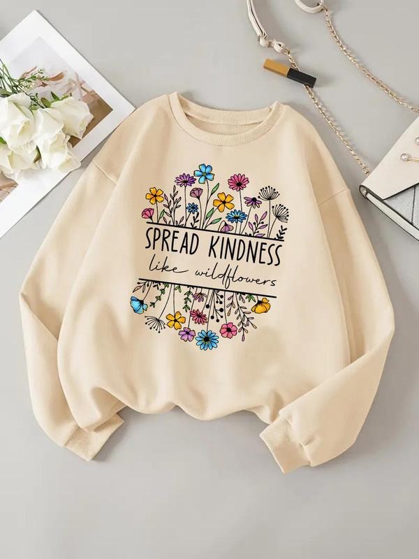 Women'WB shield Floral & Letter Print Drop Shoulder Sweatshirt, Casual Long Sleeve Round Neck Pullover for Daily Wear,...
