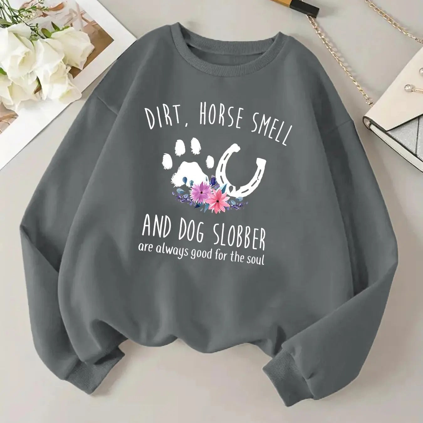 Women'WB shield Floral & Letter Print Drop Shoulder Sweatshirt, Casual Long Sleeve Round Neck Pullover for Daily Wear,...