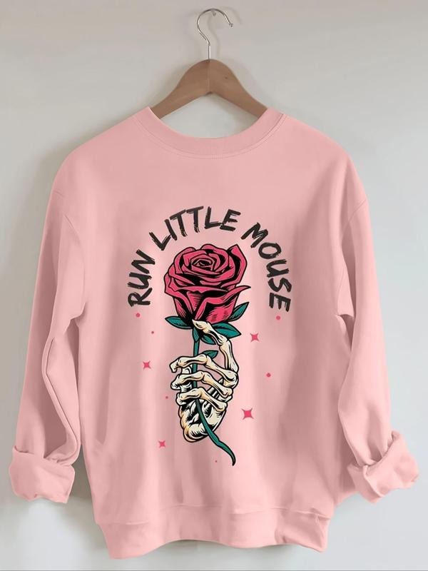 Women'WB shield Floral & Letter Print Drop Shoulder Sweatshirt, Casual Long Sleeve Round Neck Pullover for Fall & Winter,...
