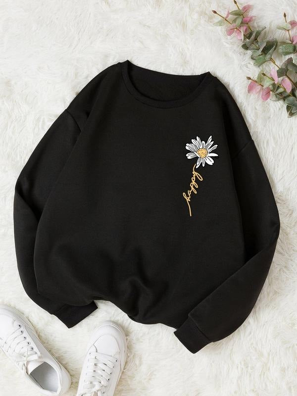 Women'WB shield Floral & Letter Print Drop Shoulder Sweatshirt, Casual Long Sleeve Round Neck Pullover for Fall & Winter,...