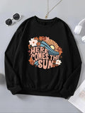 Women'WB shield Floral & Letter Print Drop Shoulder Sweatshirt, Casual Long Sleeve Round Neck Pullover for Fall & Winter,...
