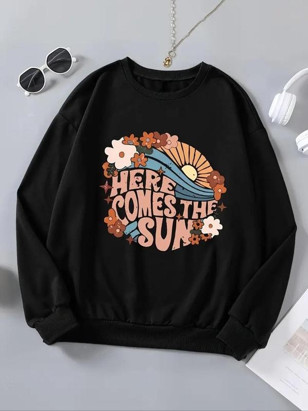 Women'WB shield Floral & Letter Print Drop Shoulder Sweatshirt, Casual Long Sleeve Round Neck Pullover for Fall & Winter,...