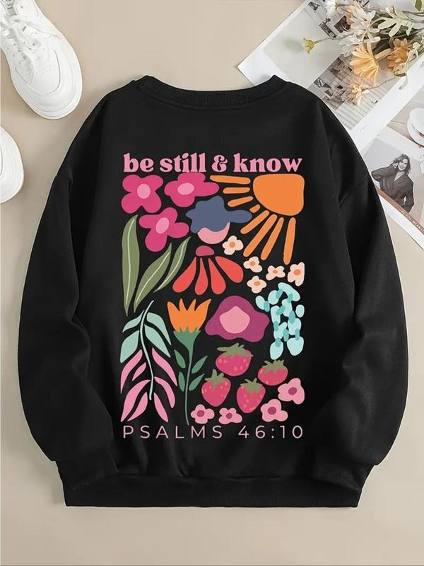 Women'WB shield Floral & Letter Print Drop Shoulder Sweatshirt, Casual Long Sleeve Round Neck Pullover for Fall & Winter,...