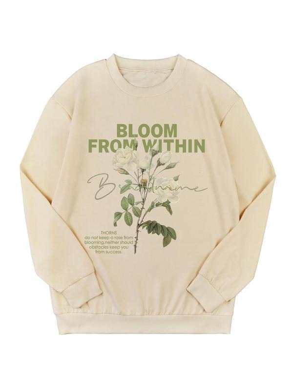 Women'WB shield Floral & Letter Print Drop Shoulder Sweatshirt, Trendy Casual Long Sleeve Round Neck Pullover for Daily...