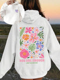 Women'WB shield Floral & Letter Print Drop Shoulder TNF Lined Hoodie, Fashion Casual Drawstring Pocket Hooded Sweatshirt...