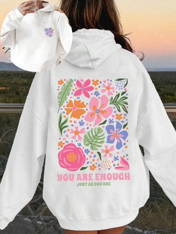 Women'WB shield Floral & Letter Print Drop Shoulder TNF Lined Hoodie, Fashion Casual Drawstring Pocket Hooded Sweatshirt...